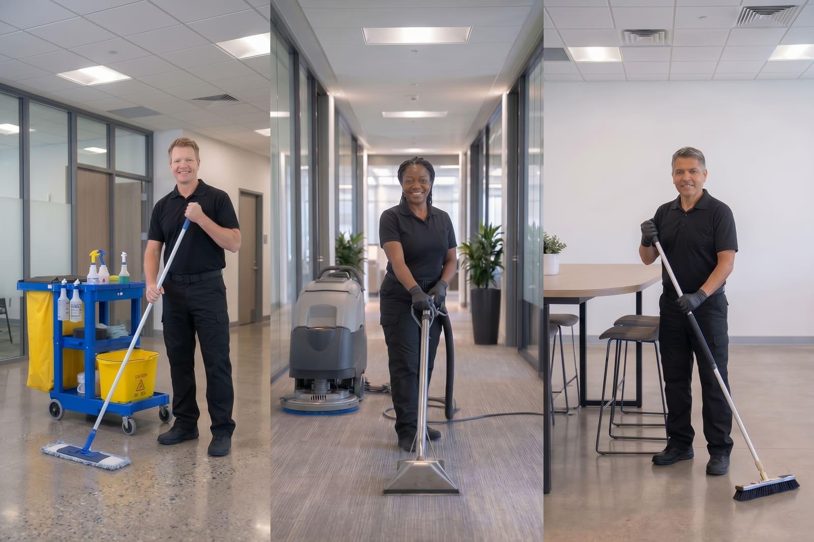 Cleaning professionals mopping, machine-cleaning, and sweeping commercial office spaces