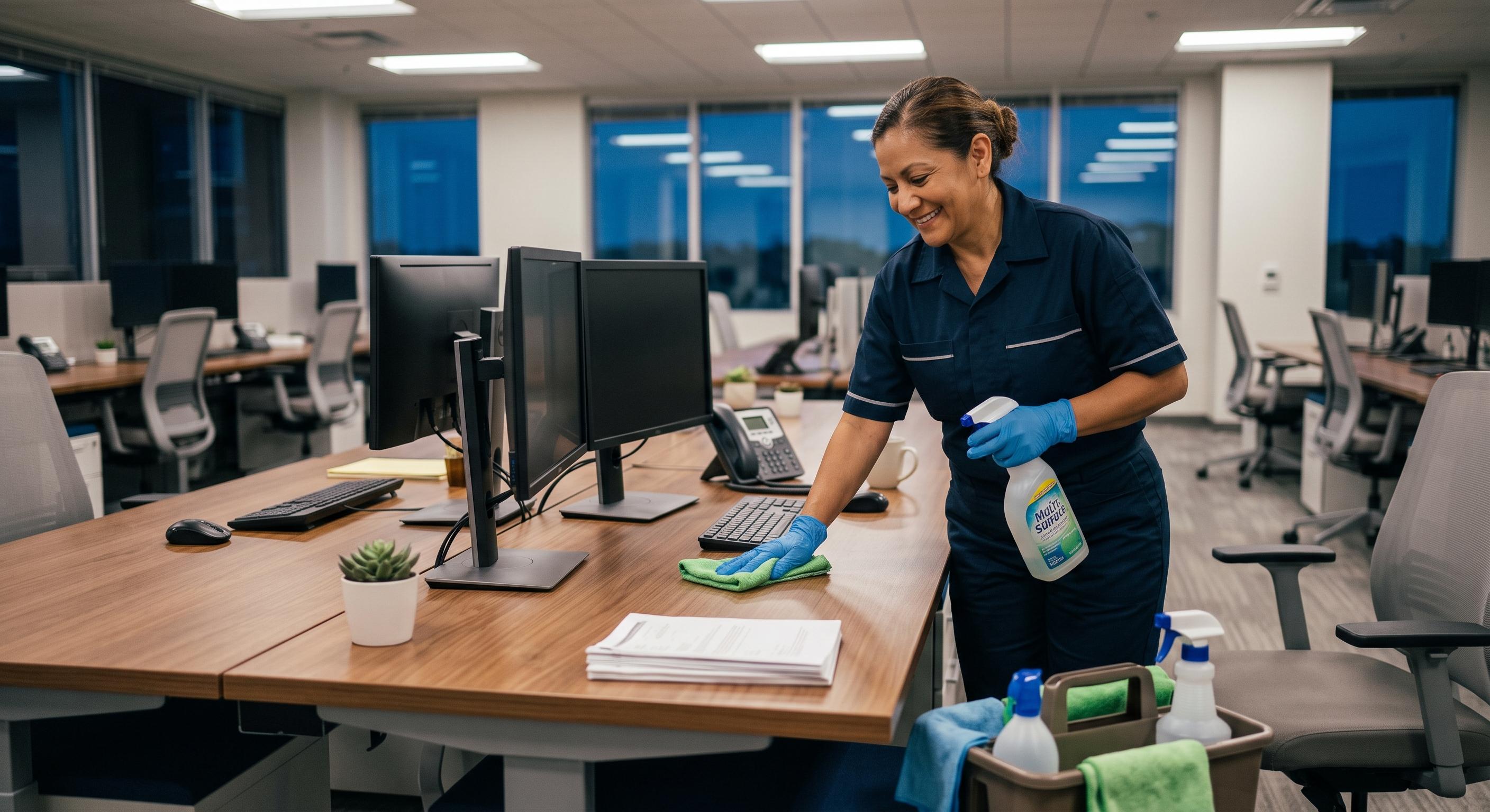 Professional cleaner wiping down a desk in a modern commercial office
