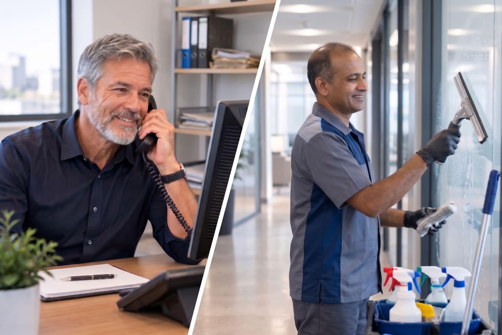 A facility manager on the phone beside a cleaner washing office glass